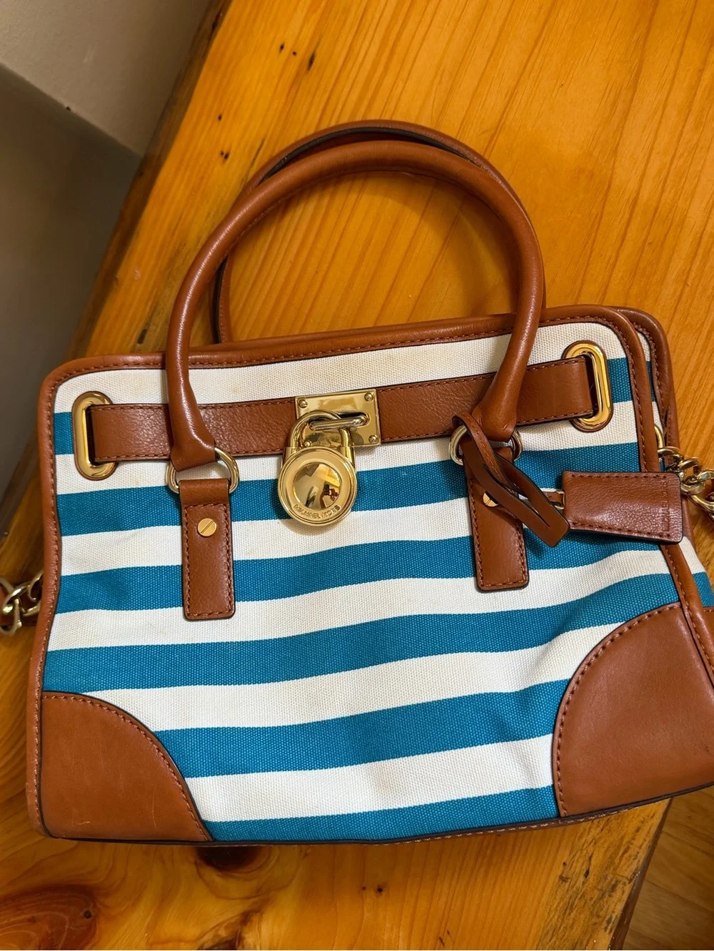 Michael Kors Hamilton Striped Blue White Crossbody Canvas Satchel Tan Leather